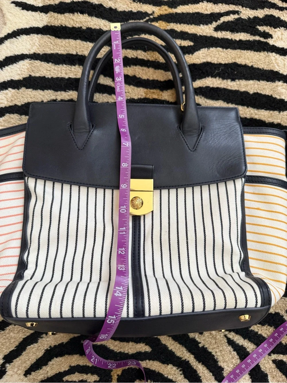Veronica Beard Black and White Striped Satchel with Gold Lock